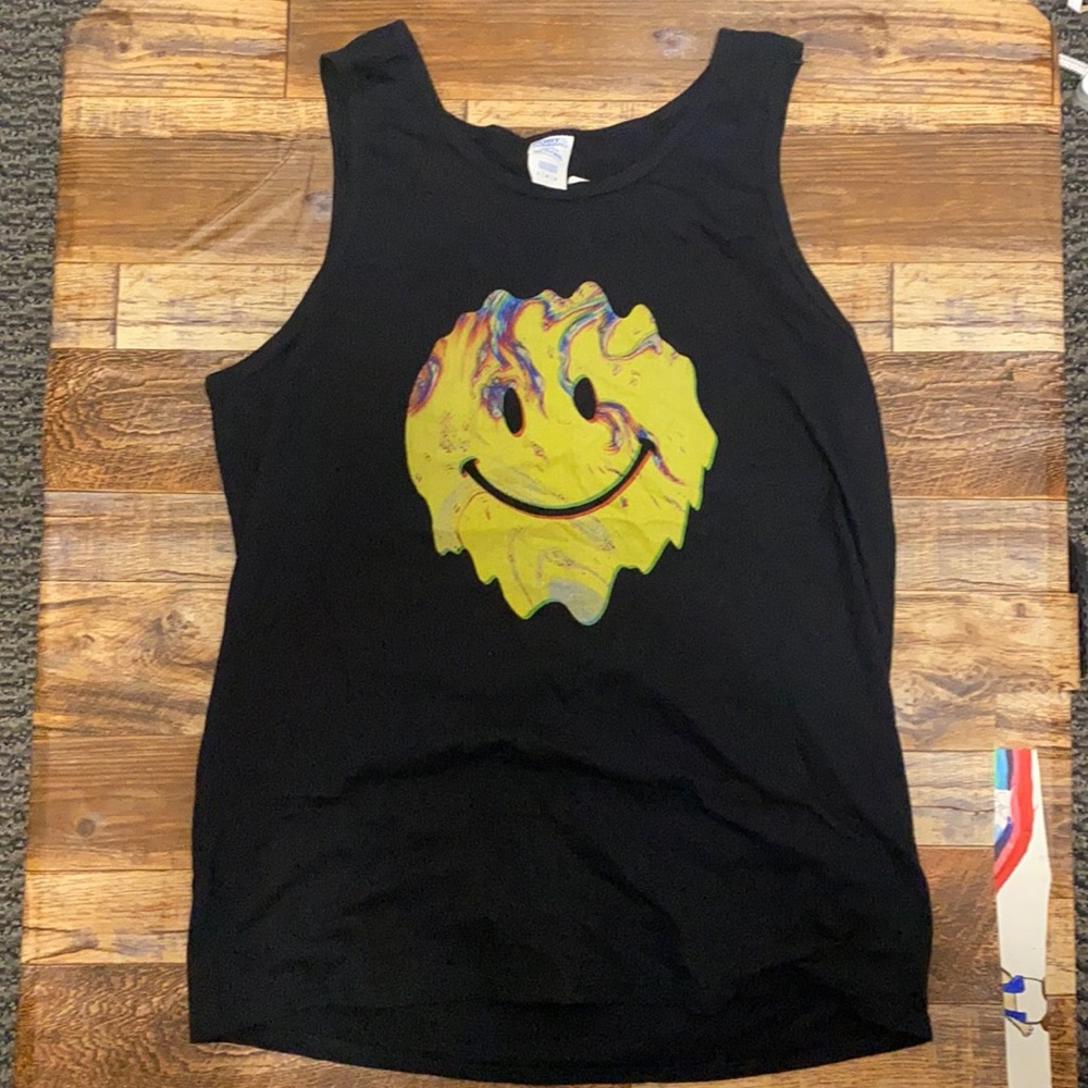 Large black tank top with smiley face